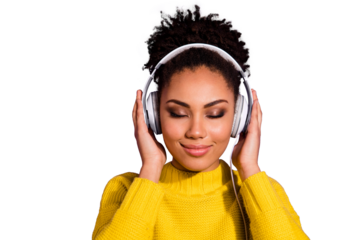 Close-up portrait of her she nice attractive lovely dreamy glamorous cheerful peaceful calm wavy-haired lady listening new hit isolated over bright vivid shine violet background