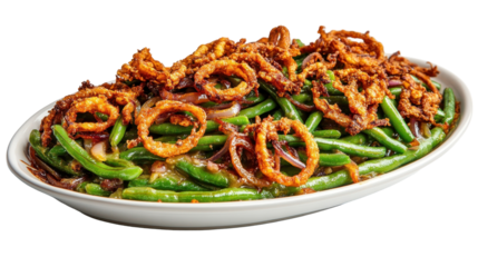 Delicious green beans with crispy onions. transparent background
