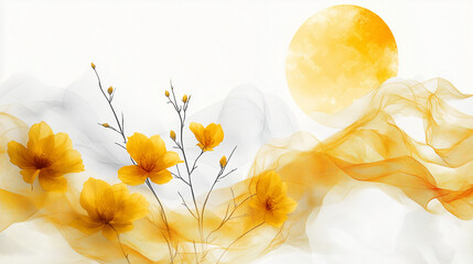 Fototapeta premium Bright yellow flowers and soft textures celebrate the spirit of Easter in a unique design copy space