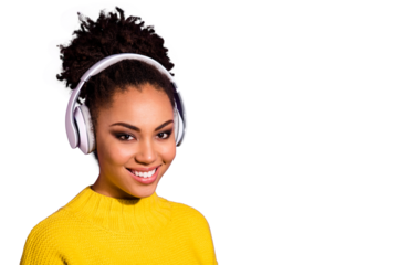 Close-up portrait of her she nice attractive lovely glamorous cheerful cheery wavy-haired lady listening new popular hit hobby isolated over bright vivid shine violet background