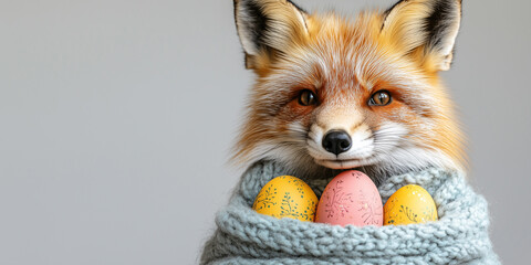A charming fox in festive attire cradles bright Easter eggs against a clean, white backdrop copy space