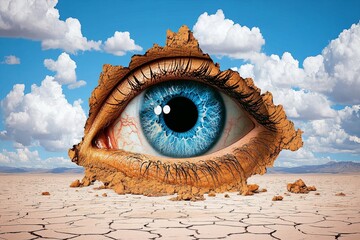 A surreal image of a giant eye formed by swirling clouds, casting shadows across a barren desert landscape