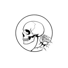 Obraz premium A tattoo design with a skull encircled by roses, featuring detailed engraving in a classic style, created as a generative AI raster illustration mimicking scratchboard art, in black and white.