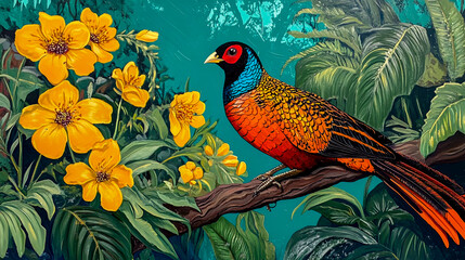 A Vibrant Orange and Black Pheasant Perched on a Branch of Yellow Flowers