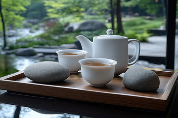 Tea set on wooden tray in tranquil garden.