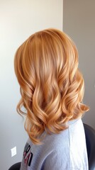Obraz premium A golden auburn hairstyle styled in a wavy, shoulder-length cut.