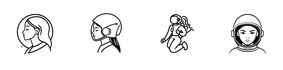 A black and white sketch of a female astronaut in a spacesuit, sitting in outer space among planets and stars, created with generative AI as a fictional character illustration. Scratch board