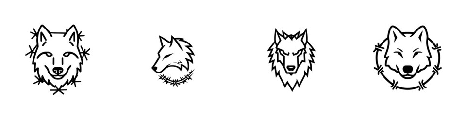 Fototapeta premium A retro-style sketch engraving of a snarling wolf encircled by barbed wire, symbolizing strength and danger. This tattoo design is a black and white PNG illustration, created with generative AI and