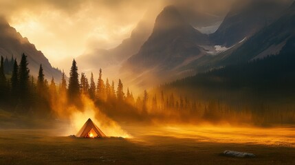 Breathtaking Sunset over a Tent with Majestic Mountains and Lush Pine Trees in a Serene Camping Location Capturing the Beauty of Nature and Adventure