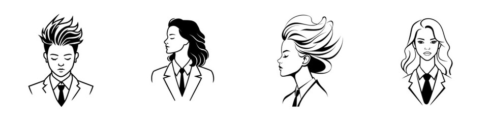 A confident woman with a retro updo, dressed in a suit, radiating elegance and strength, depicted in a sketch engraving by generative AI as a PNG illustration. Scratch board imitation. Black and