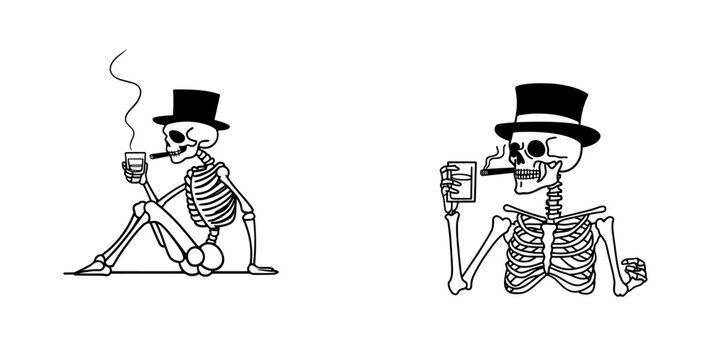 A sophisticated and stylish black and white sketch of a skeleton wearing a top hat and bow tie, holding a glass of whiskey, created as a generative AI raster illustration.