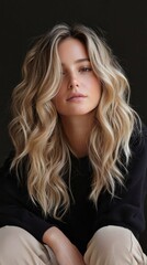 Naklejka premium A dirty blonde hairstyle with darker roots, styled in soft waves.