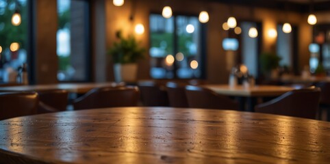 Fototapeta premium Wood table top with reflect on blur of lighting in cafe ,restaurant background 