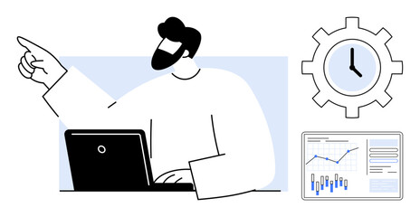 Man points while working on laptop next to clock in gear and growth charts. Ideal for productivity, time management, business growth, analysis, office work, project planning, technology. Line