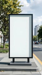 A blank, vertical billboard stands on a city sidewalk. The modern sign has a black frame and grey base, situated near green trees and a blurred cityscape background.