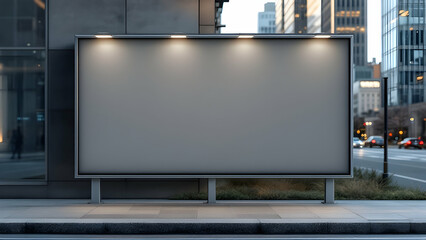 Fototapeta premium A large, blank billboard stands on a city sidewalk at dusk. Illuminated from above, its set against a backdrop of modern buildings and blurred city traffic.