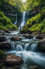 Obraz premium A mesmerizing waterfall cascades into a tranquil stream, surrounded by lush greenery, creating a serene natural landscape
