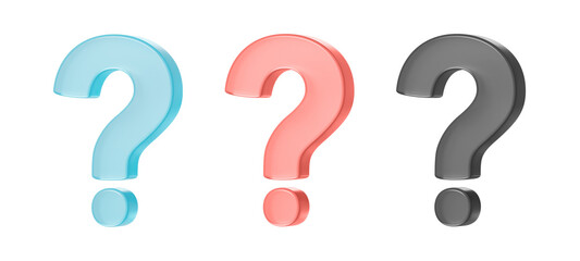 Soft translucent 3D question mark in shiny light blue, pink and gray.	