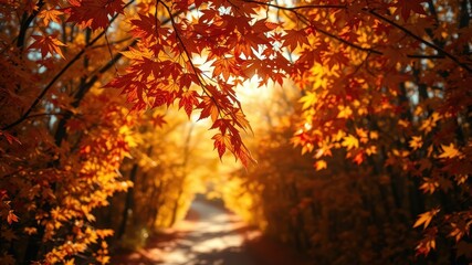 Fototapeta premium Autumnal Glow Illuminates a Path Through a Canopy of Vibrant Red and Orange Maple Leaves