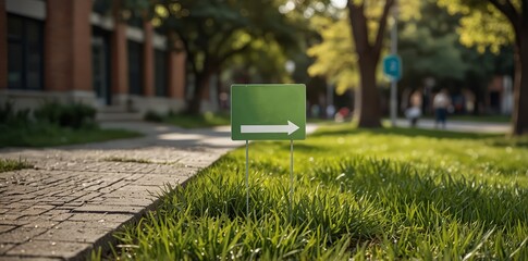 Yard sign mockup in the grass near the walking path on the city street background. Blank yard sign in green grass on sunny day