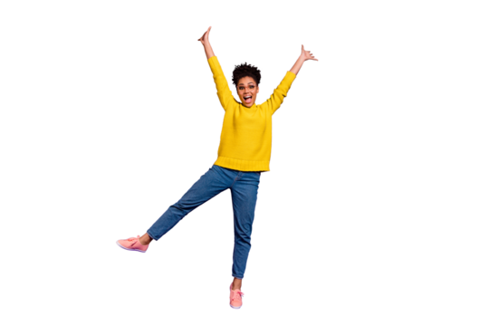 Full length body size view portrait of her she nice attractive lovely cheerful cheery ecstatic wavy-haired girl having fun rising hands up isolated over bright vivid shine violet background