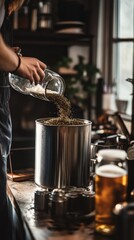 A person pours ingredients into a large container in a cozy kitchen setting.