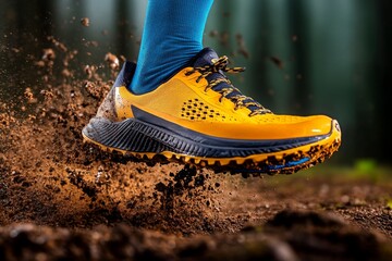 An ultra-detailed close-up of a runner feet kicking up dust on a trail, with every grain of dirt and texture of the running shoe clearly visible