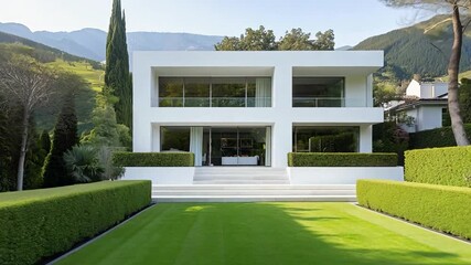Modern suburban home design with elegant landscaping and mountain backdrop ideal for real estate listing