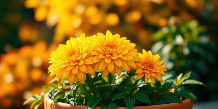 Vibrant yellow flowers bloom in a terracotta pot against a blurred backdrop of greenery and sunshine.