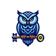Blue owl holding a golden key vector logo 
