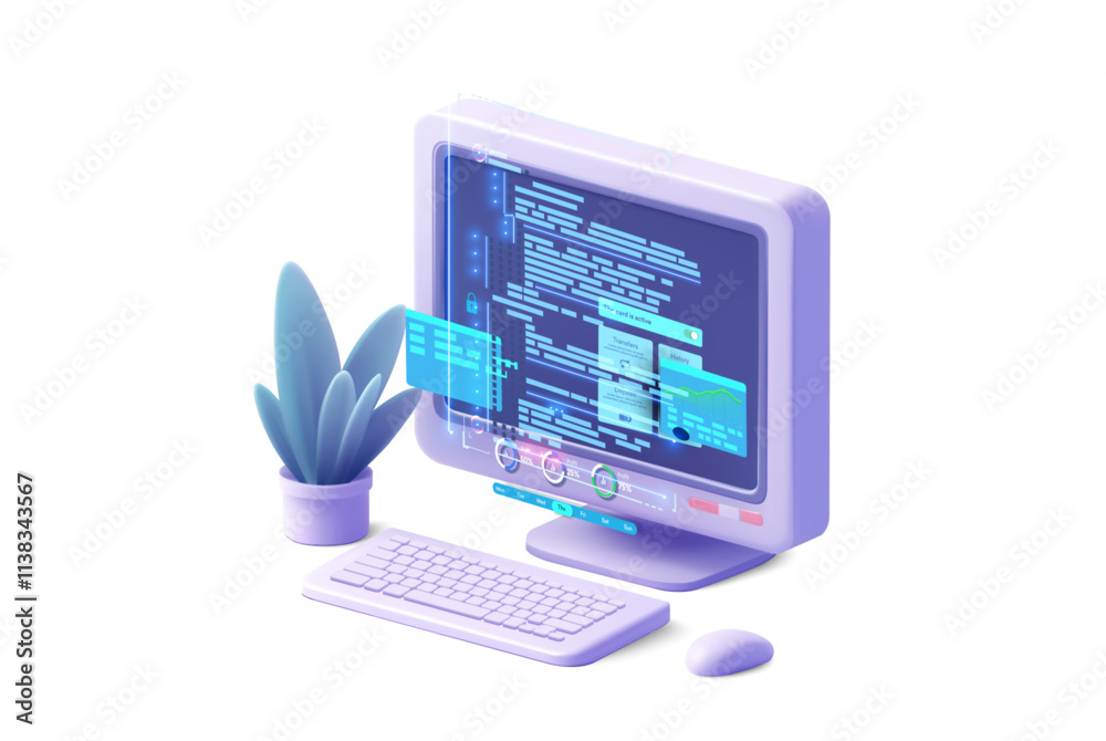 Poster A stylish computer setup features a purple monitor displaying coding text, a keyboard, mouse, and a decorative plant. The scene conveys a contemporary workspace vibe. Vector illustration