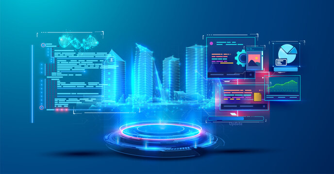 A futuristic city skyline is displayed with glowing buildings and overlaying digital screens showing various data analytics and graphs, emphasizing innovation and technology. Vector illustration