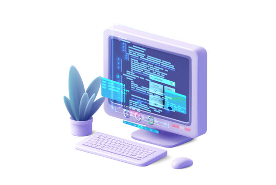 A stylish computer setup features a purple monitor displaying coding text, a keyboard, mouse, and a decorative plant. The scene conveys a contemporary workspace vibe. Vector illustration