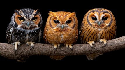 Fototapeta premium Three Wise Owls: A trio of owls, each with distinctive plumage and piercing gaze, perched on a branch against a dark background. Their wise and watchful eyes convey a sense of mystery, wisdom.