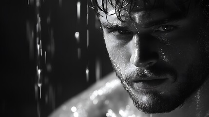 A Wet Man Gazes Intensely Underneath Falling Water