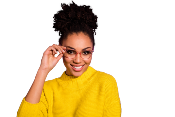 Close-up portrait of her she nice attractive cheerful cheery content wavy-haired girl touching eyewear laser correction isolated over bright vivid shine violet background