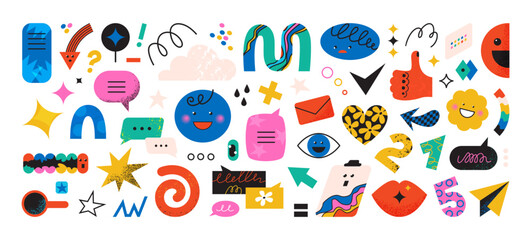 Doodle shapes. Abstract creative figures like star, geometric circle and curve childish communication icons. Happy smile emoji. Spiral lines. Message bubbles. Vector graphic elements set