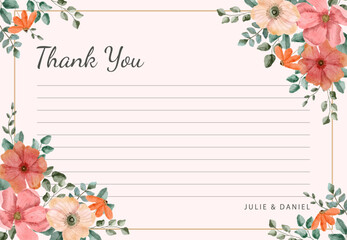 thank you card peach pink floral watercolor frame