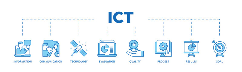 ICT infographic icon flow process which consists of antenna, radio, network, website, database, cloud, server, data, electronic, and processor icon live stroke and easy to edit .