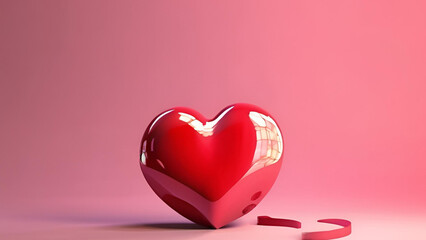 3d red heart on a Pink background. Greeting banner for love day with cute red bubble 3d effect levitation heart. Valentine's Day concept.