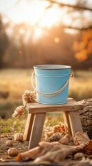 Blue Metal Bucket on Wooden Stool Surrounded by Fall Leaves and Natural Elements in a Soft Sunlit Outdoor Setting