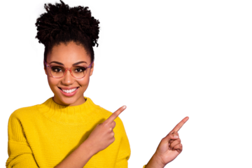 Close-up portrait of her she nice attractive cheerful cheery content wavy-haired girl showing way direction copy space ad advert isolated over bright vivid shine violet background