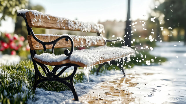 Melting snow dripping from park bench in early spring sunlight