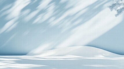 Serene Winter Elegance: A panoramic abstract blue background with soft sunlight and blurred shadows, creating a tranquil setting for product presentation.