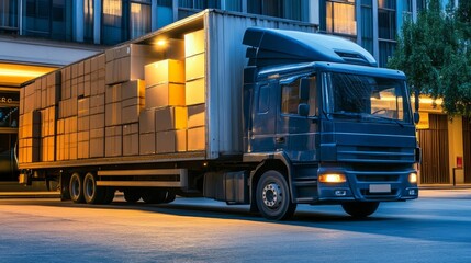 Naklejka premium A Nighttime View of a Blue Delivery Truck Loaded with Boxes at a City Loading Dock