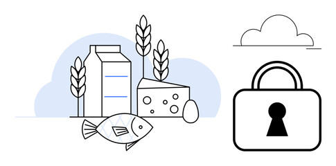 Milk carton, cheese block, fish, egg, and wheat stalks alongside a lock icon representing security. Ideal for nutrition, food safety, diet planning, sustainable farming health awareness secure