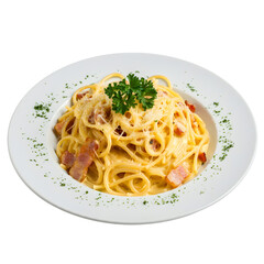 A plate of spaghetti carbonara with parmesan cheese and parsley. png isolated background. transparent background.
