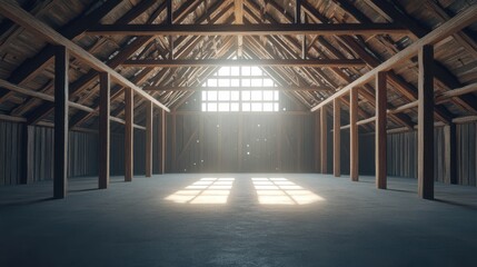 Spacious barn interior with wooden beams and sunlight beams illuminating the empty space, featuring rustic design and natural light effects in a warm atmosphere