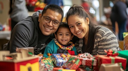 Obraz premium A family of three, a man, a woman and a child, are smiling