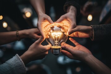 A group of hands holding a glowing light bulb symbolizes collective creativity and shared ideas among people.